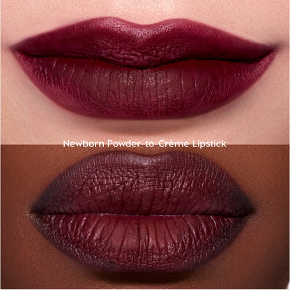 Two close-up shots of lips wearing the Just Bitten lip trio in a deep vampy berry shade, showing smooth, velvety payoff on different skin tones, promoting the Twilight-inspired lipstick finish for US beauty lovers.