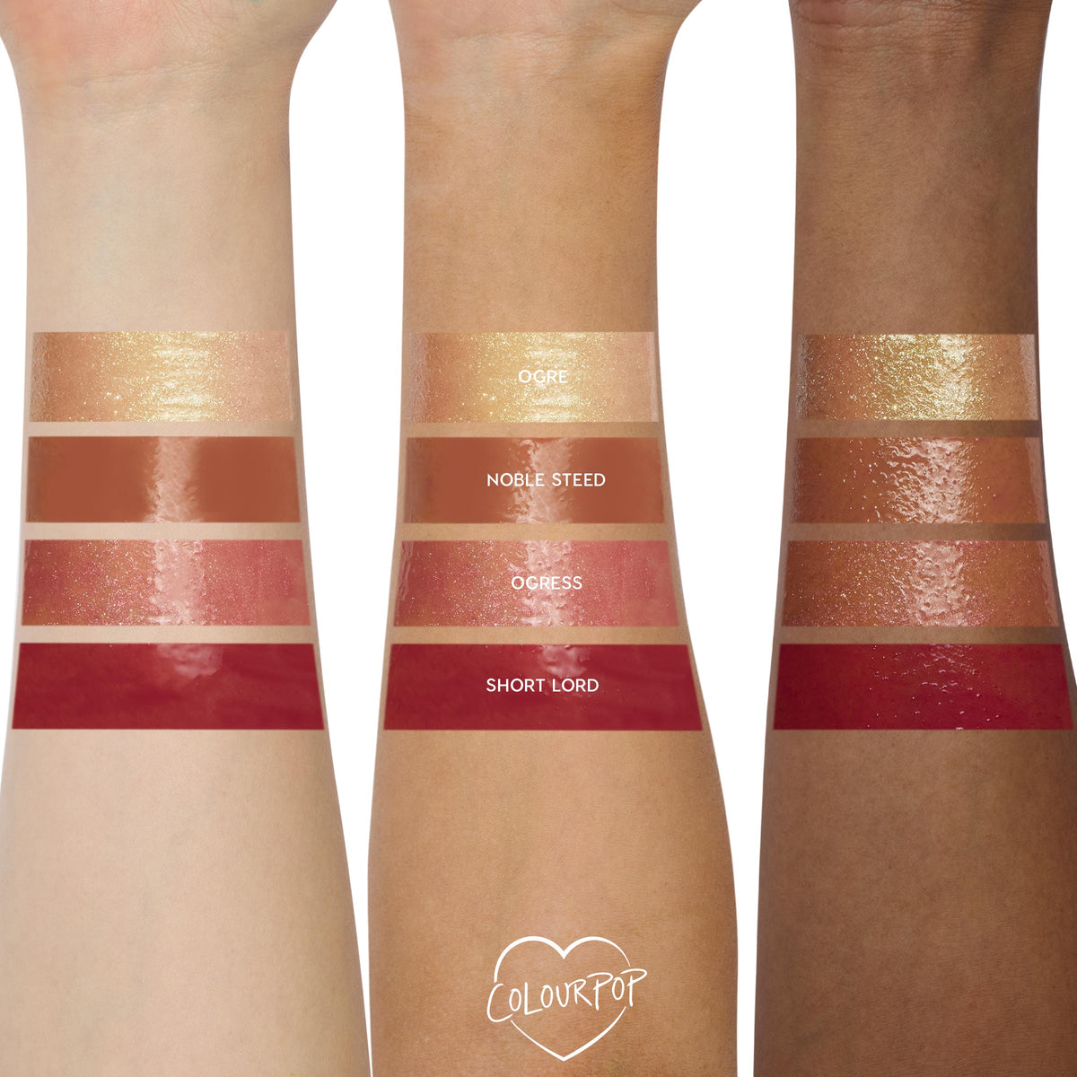 Short Lord Ultra Glossy Lip swatched on three arms shows a high-shine deep red across light, medium, and deep skin tones; part of the ColourPop Ultra Glossy Lip lineup alongside Ogre, Noble Steed, and Ogress shades.