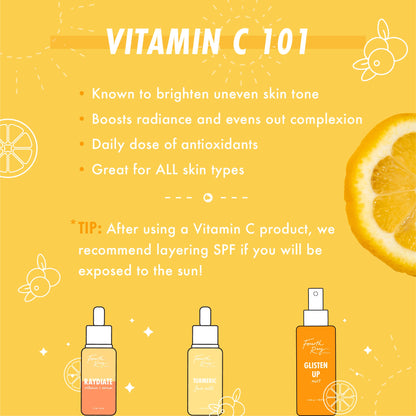 Glisten Up Vitamin C Mist, an orange spray bottle, sits with Raydiate serum and Turmeric face milk on a Vitamin C 101 graphic listing brightening, radiance, antioxidant, and all-skin benefits, lemon visuals, and an SPF layering tip; ColourPop Face Mist.