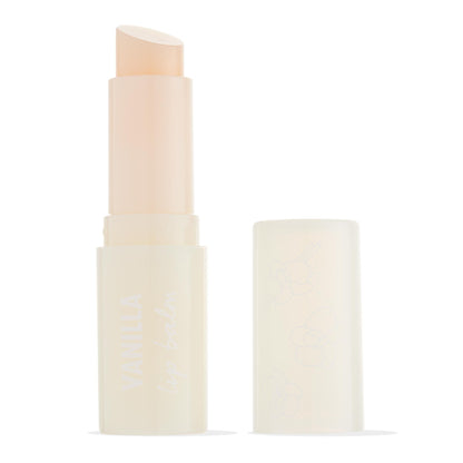 ColourPop Vanilla lip balm stick uncapped, creamy beige bullet twisted up beside a frosted translucent cap with delicate floral icons on a white studio background.