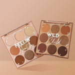 Two ColourPop 9-pan eyeshadow palettes - Feelin’ Toasty and Wild Child - fan open to reveal warm brown and bronze mattes and shimmers on a tan backdrop; Feelin Wild Shadow Palette Set, a ColourPop Shadow Palette Set for neutral glam looks.